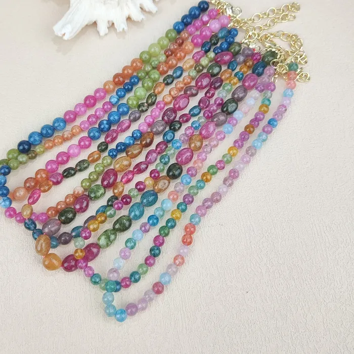 Authentic Tourmaline Agate Necklace, Healing Rainbow Crystal Beaded Necklace for Women Party Bohemian Jewelry Adjustable 15+2 inches