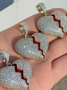 Authentic Solid 925 Silver/ 14k Gold Plated Broken Heart CZ Hip Hop HopHop Icy Heartbroken