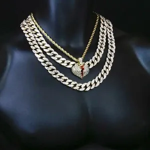 Authentic Gold Plated Broken Heart Pendant Cubic-Zirconia 20", 24" Cuban + 20 Rope Chain