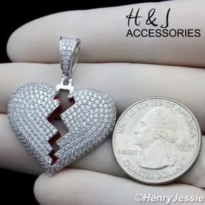Authentic 925 STERLING SILVER ICY CZ SILVER/GOLD PLATED 3D BROKEN HEART PENDANT*SP246