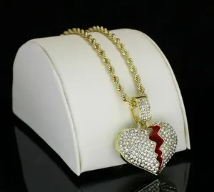 Authentic Iced 14K Gold Plated Broken Heart Pendant & 24" Rope Hip Hop Men Women Necklace