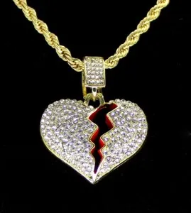 Authentic Icy Broken Heart CZ Pendant 14k Gold Plated 24" Rope Hip Hop Men Women Necklace