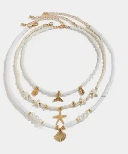 Authentic Layered Choker Gold Plated Shell Pendant Broken Bead Chain Necklace