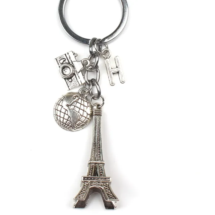 Authentic (A-Z) Letter Personality Custom Earth Paris Tower Keychain Camera Pendant Travel Key Ring Friendship Jewelry Diy Handmade