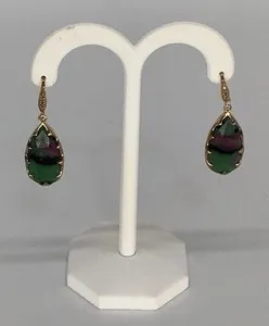 Authentic Vintage Silver 925 Gold Plated Ruby Zoisite & Diamond Pear Drop Earrings