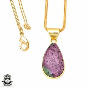 Authentic Ruby Zoisite 24K Gold Plated Pendant 3mm Snake Chain GPH96