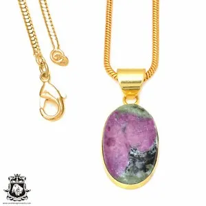Authentic Ruby Zoisite 24K Gold Plated Pendant 3mm Snake Chain GPH92