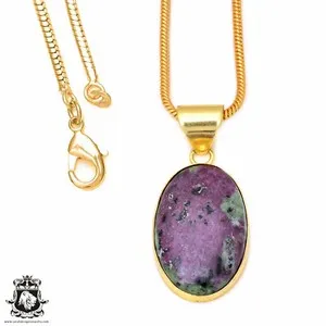 Authentic Ruby Zoisite 24K Gold Plated Pendant 3mm Snake Chain GPH102