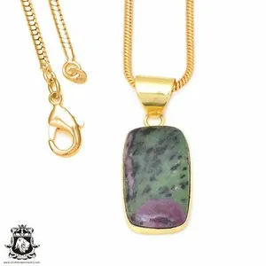 Authentic Ruby Zoisite 24K Gold Plated Pendant 3mm Snake Chain GPH94