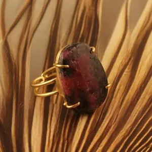 Authentic Natural Ruby Zoisite Double Layer Ring Gold Plated Prong Set Adjustable Ring