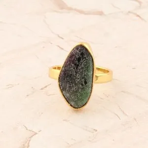 Authentic Single Stone Natural Ruby Zoisite Yellow Gold Plated Gemstone Adjustable Ring