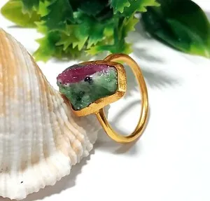 Authentic Ruby Zoisite Rough Raw Gemstone Ring, Solid 925 Starling Silver Gold Plated Ring