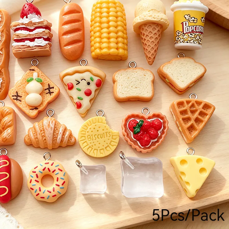 Authentic Simulated 5Pcs/Pack Resin Food Pendant Accessories For Jewelry Making Bread Cake Ice Cream DIY Keychain Necklace Hanging Trinket