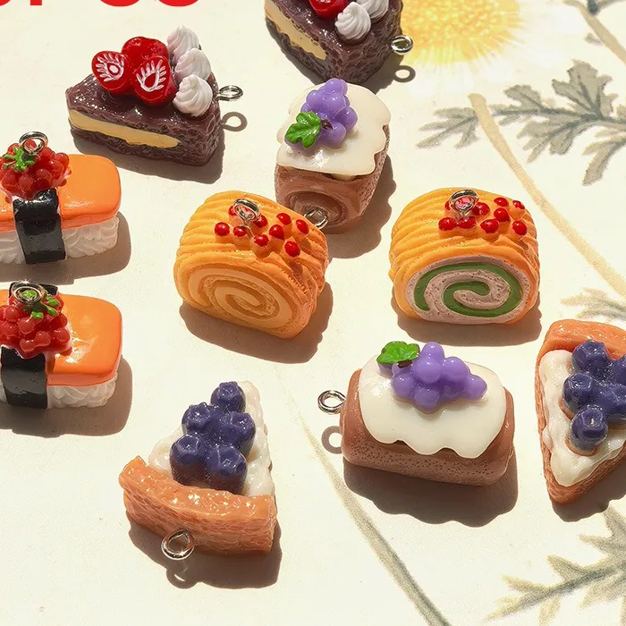 Authentic 10Pcs Mini Resin Food Charms Simulation Sushi Cake Bread Pendants DIY Accessories For Earrings Necklaces Keychains Making
