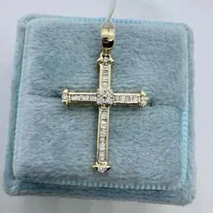Authentic 0.28Ct Baguette Cut Moissanite Catholic Cross Pendant 14k Yellow Gold Plated 18"