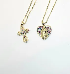 Authentic CZ Cross and Mary Catholic Pendant Necklaces Gold-plated lot of 2