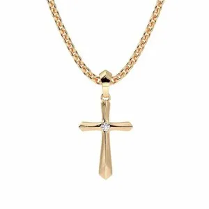 Authentic 14K Yellow Gold Plated Round Single Moissanite Cross Catholic Pendant