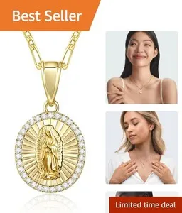 Authentic Catholic Virgin Mary Necklace for Women, 14K gold plated Guadalupe Penda...