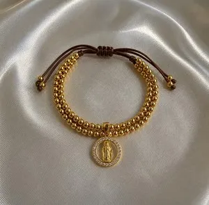 Authentic 18K Gold Plated Virgin Mary Beaded Bracelet, Adjustable Catholic Charm Bracelet