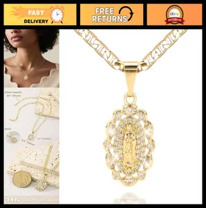 Authentic 14K Gold Plated Virgin Mary Necklace, Catholic Jewelry, Zirconia Pendant Charm G