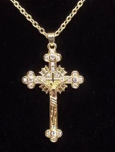 Authentic CRUCIFIX 24k Gold Plated CZ Necklace,24" Catholic Cross, Christian, Religious
