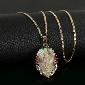 Authentic Gold Plated Gemstone Catholic Saint Virgin Mary Charm Pendant Necklace