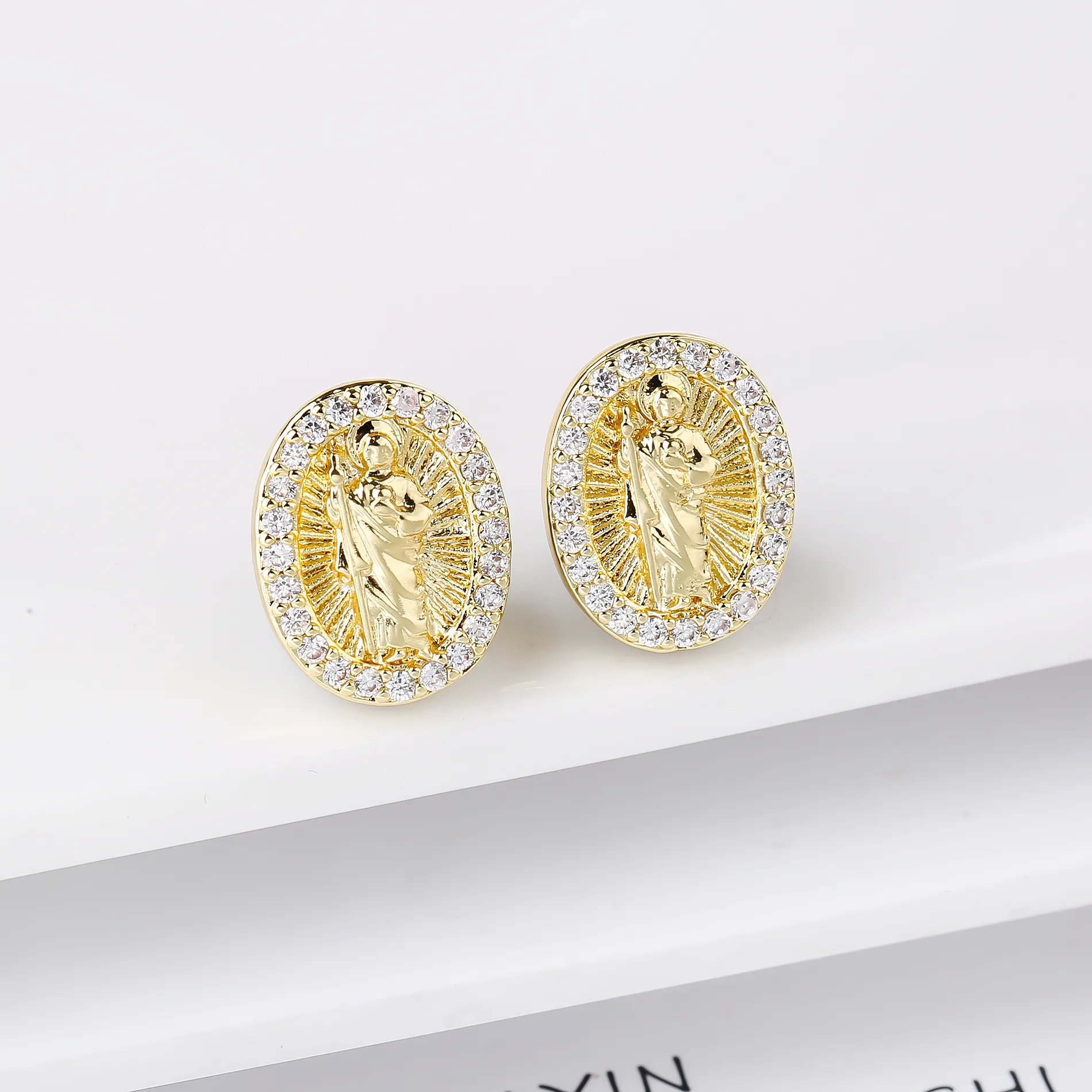 Authentic 9 Styles Gold-Plated Zircon Virgin Mary St. Jude Jesus Stud Earrings Classic for Women's Party Catholic Jewelry Christian