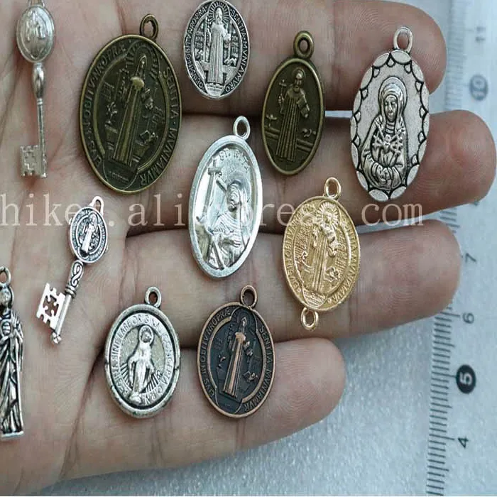 Authentic 10 Pieces/Bronze Miracle Medal Pendant Charm Round St Benedict Cross Pendant For DIY Necklace Religious Jewelry