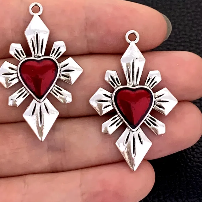 Authentic 5pcs/Lot Gothic Burning Sacred Heart Charms Corazon Winged Catholic Pendants For Diy Necklace Earring Jewelry Making Supplies