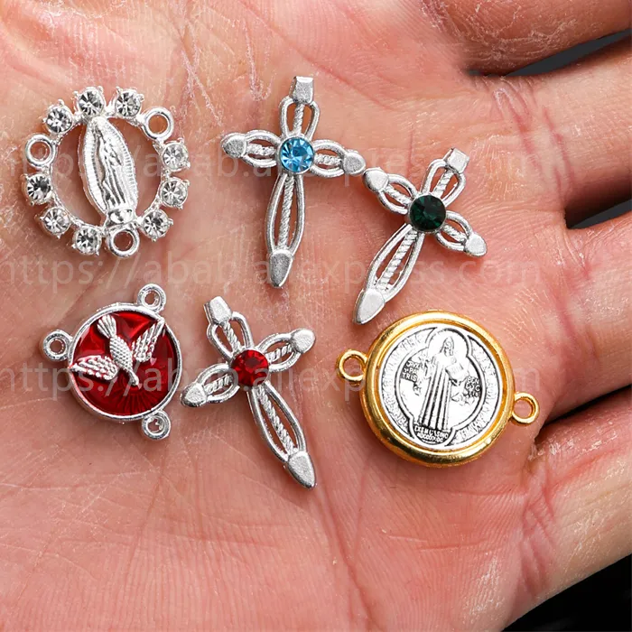 Authentic 10 pieces / Religious charm Catholic triple-hole necklace, chain cross pendant, jewelry making DIY jewelry accessory /
