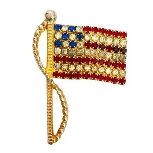 Authentic Rafaelian Rhinestone Flag Brooch Pin Gold Plated Patriotic American Design Vtg