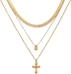 Authentic Gold Necklace for Women Trendy 14K Gold Plated Herringbone Chain Choker Layered