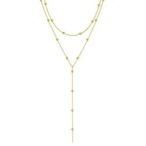 Authentic Gold Plated Double Layer Lariat Y Necklace Beaded Drop Chain Choker Women