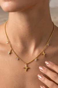 Authentic 18K Gold Plated CZ Starburst Dangle Charm Choker Necklace