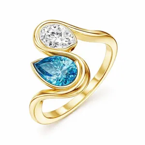 Authentic 925 Sterling Silver Synthetic London Blue Stone & White CZ Ring | Teardrop Cut