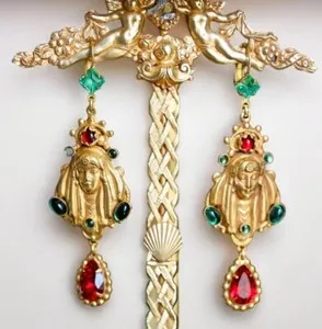Authentic Askew London 24k Gold Plated Ruby & Emerald Art Glass Maiden Earrings 2.75"