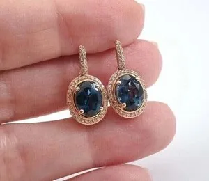 Authentic 3Ct Oval Cut Simulated London Topaz Drop/Dangle Earrings 14K Rose Gold Plated