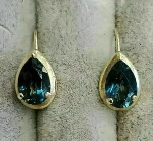 Authentic Yellow Gold Plated 3Ct Pear Lab Created London Blue Topaz Drop Dangle Earrings