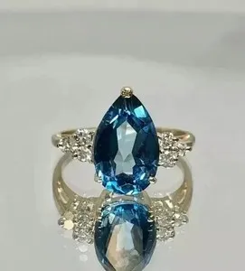 Authentic 2Ct Pear Cut Lab-Created London Blue Topaz Solitaire Ring 14K Yellow Gold Plated