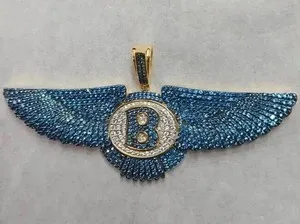 Authentic 2.21Ct Moissanite &London Blue Topaz Men's 'B' Pendant 14K Two Tone Gold Plated