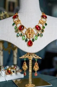 Authentic Askew London 24k Gold Plated Ruby & Emerald Art Glass Maiden Set