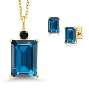 Authentic 18K Yellow Gold Plated Silver London Blue Topaz and Onyx Pendant Necklace