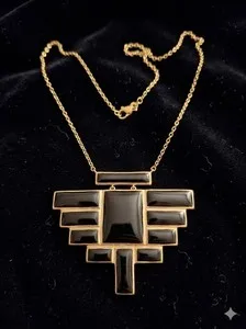 Authentic Lucas Jack London Gold Plated Black Swiss Resin Geometric Art Deco Statement