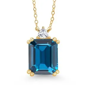 Authentic 18K Yellow Gold Plated Silver London Blue Topaz and Moissanite Pendant Necklace