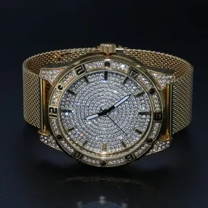 Authentic Men's Gold Plated NY London Iced CZ Metal mesh Band Watch Hip Hop 54mm