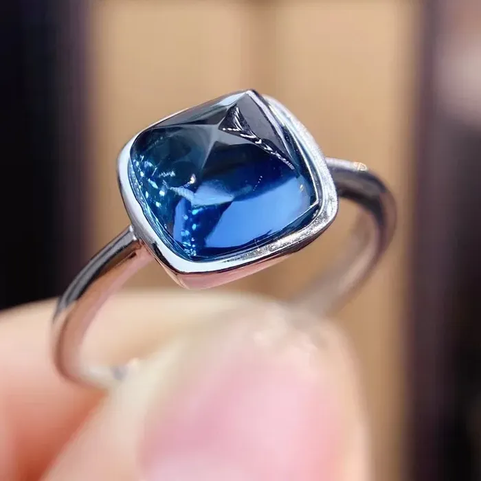 Authentic London Blue Topaz Ring 8MM Square Sugar Tower Natural Gemstone Fine Jewelry for Women Anniversary Real 925 Sterling Silver