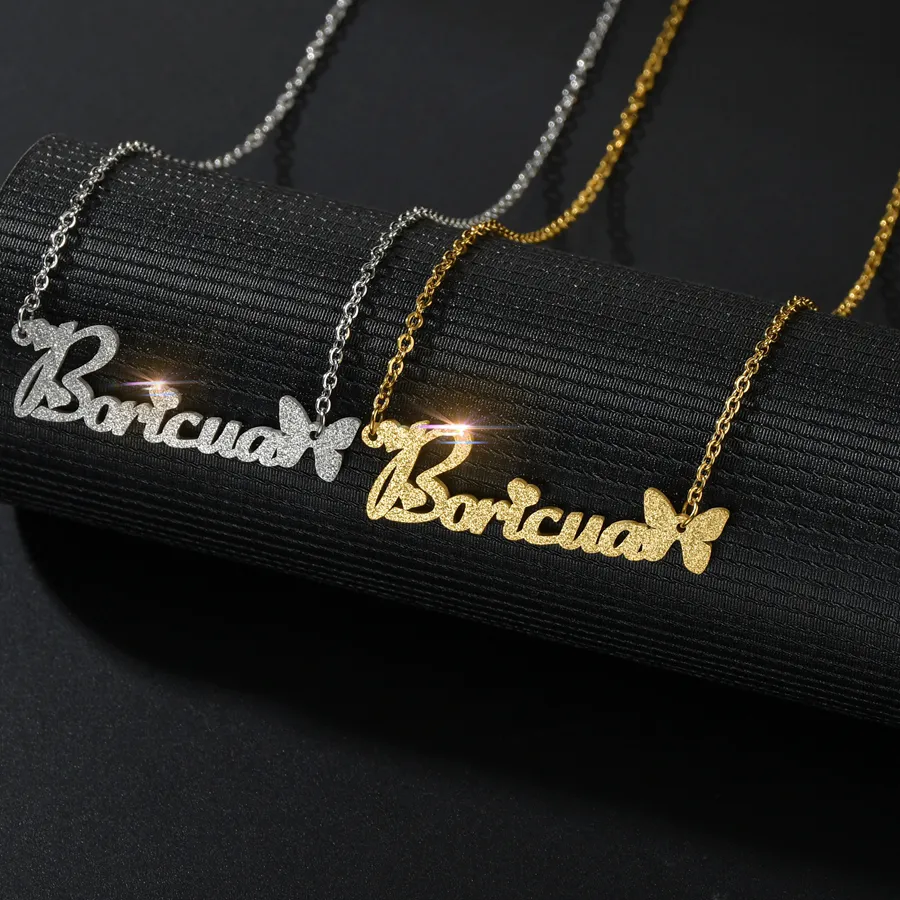 Authentic Atoztide 2022 Customized Frosted Name Necklace Butterfly Personalized Letter Choker Pendant Nameplate