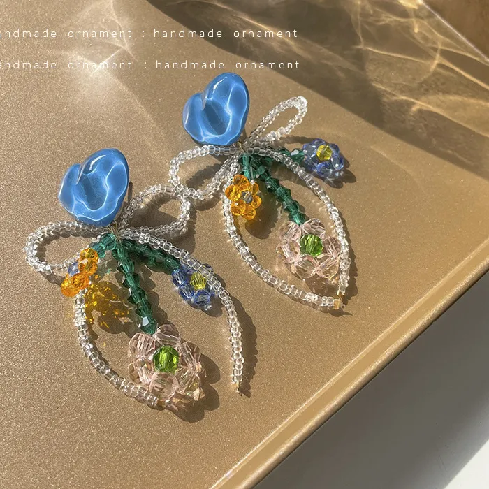 Authentic 2022 European Fresh Blue Heart Bow Fringe Earrings For Women Korean Jewelry Design Personalized Earrings