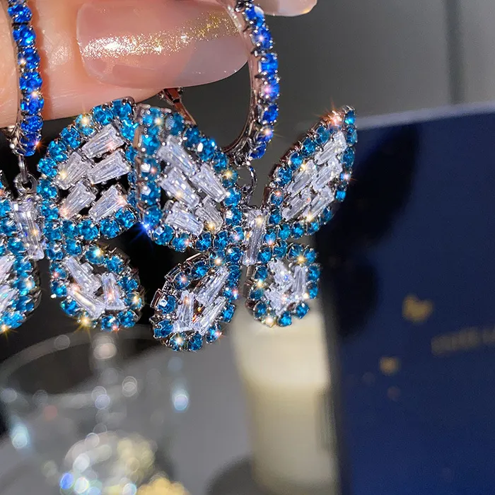Authentic French Full Rhinestone Butterfly Stud Earrings For Women Shiny Luxury Blue Zircon Earring 2022 Jewelry Party Gifts
