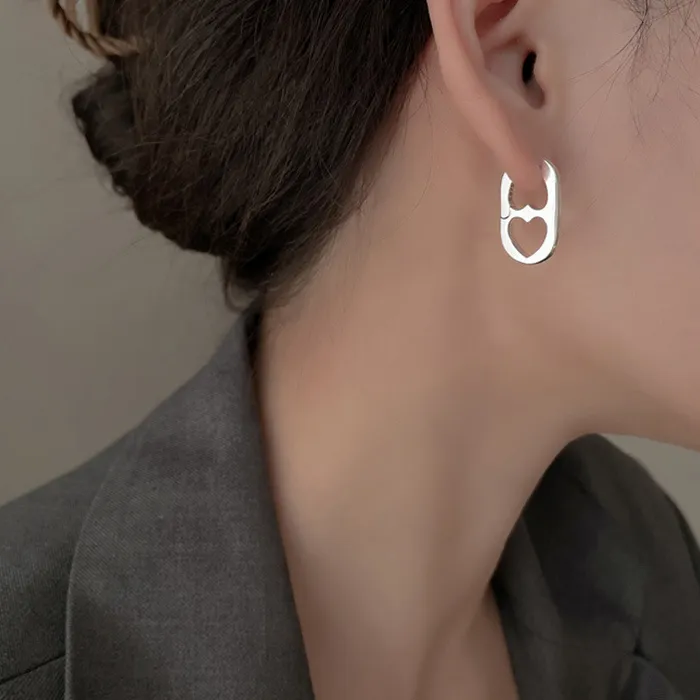 Authentic CIAXY Silver Color Pig Nose Earrings for Women Geometric Hollow Heart Design Ear Buckle 2022 Korea Jewelry